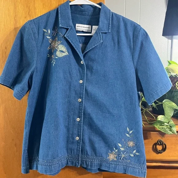 VTG Alfred Dunner Floral Dragonfly Beaded Denim Short Sleeve Button-down Top 14P - Picture 3 of 7
